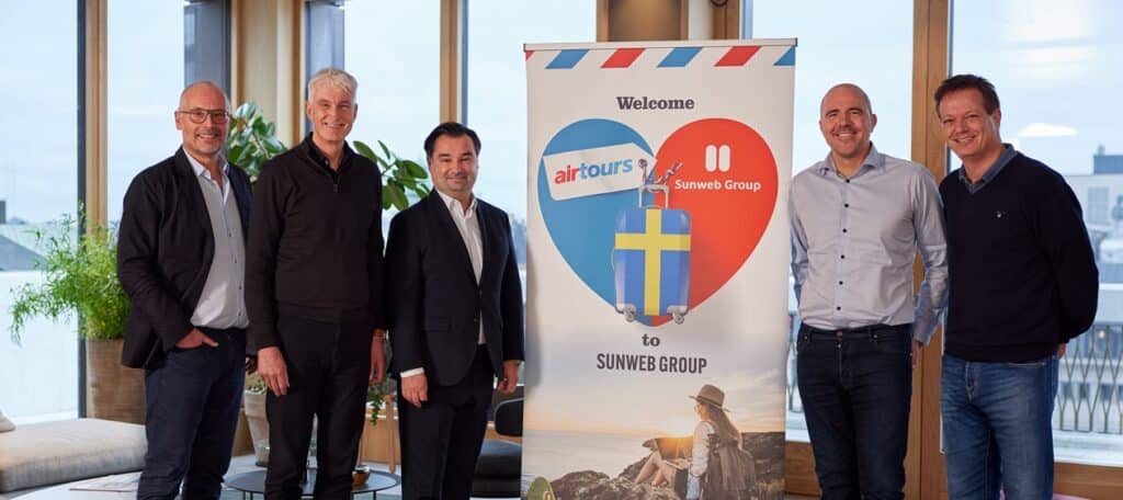 Van links naar rechts: Richard Johansson (founder Airtours), Mattijs ten Brink (CEO Sunweb Group), Jacke Mentzas (founder Airtours), Stefan Chatzopoulos (founder Airtours), and Jeroen de Swart (CFO Sunweb Group)